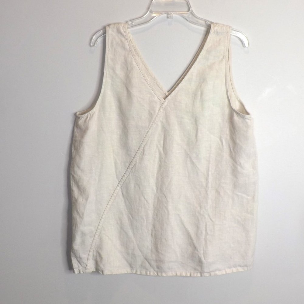 Woman’s Linen Sleeveless Top by Kasper Light Beige V Neck Front and Back Large
